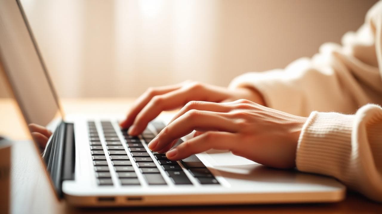 Hände tippen auf Laptop